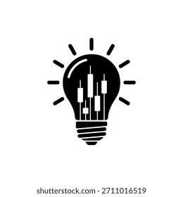 Icono de bombilla blanca y negra con gráficos de velas finanzas de innovación