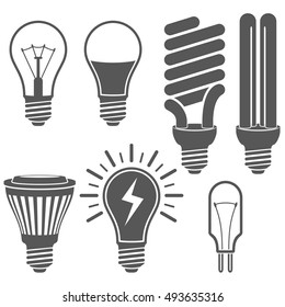 Black and white light bulb icons vector set.  Classic, energy saving and LED lamp signs.