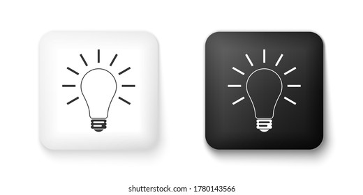 Black and white Light bulb with rays shine icon isolated on white background. Energy and idea symbol. Lamp electric. Square button. Vector