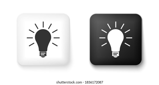 Black and white Light bulb with rays shine icon isolated on white background. Energy and idea symbol. Lamp electric. Square button. Vector.