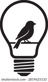 Black and white of a light bulb with a small bird perched inside, isolated on a clean white background