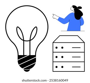 Black and white light bulb, woman in blue shirt pointing, server with three panels. Ideal for business innovation, technology, creativity, teamwork, data management. Simple modern style