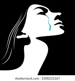 black and white light and shadow vector illustration of a woman's face with tears flowing down her cheeks. war, victim of violence, domestic violence against women, abuse, harassment. social poster. 