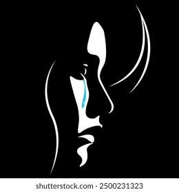 black and white light and shadow vector illustration of a woman's face with tears flowing down her cheeks. war, victim of violence, domestic violence against women, abuse, harassment. social poster. 