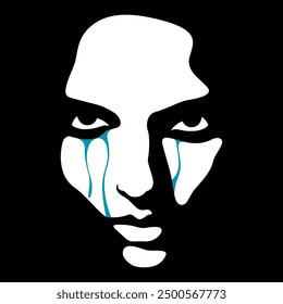 black and white light and shadow vector illustration of a woman's face with tears flowing down her cheeks. war, victim of violence, domestic violence against women, abuse, harassment. social poster. 