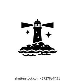Black and white lighthouse landscape vector with sea waves night sky and shining beacon light