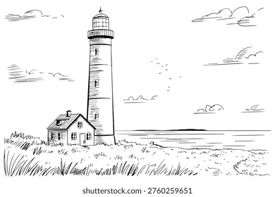 Black and white of a lighthouse next to a small house by the sea coastal