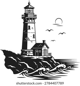 Black and white lighthouse on rocky coast at sunset