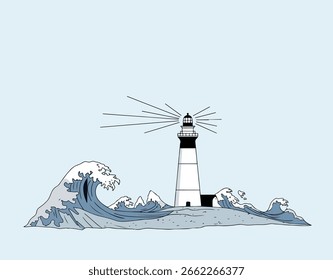 A black and white lighthouse stands on a small island, surrounded by stylized blue waves. Light beams emanate from the top of the lighthouse.
