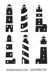 Black and white lighthouses silhouette icons on white background. Lighthouses for navigation.