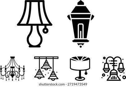 Conjunto de iconos de iluminación en blanco y negro con lámparas de mesa, linternas, candelabros y lámparas de techo.