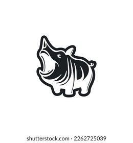 Black and white Lightweight logo with Adorable Cheerful hippopotamus.