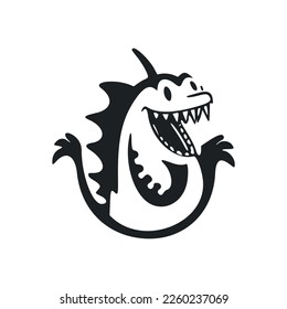 Black and white Lightweight logo with a cute Cheerful crocodile.