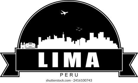 Schwarz-Weiß Lima Peru Stadtgebäude Skyline negative Luft Raum Silhouette Kuppel geformt Emblem mit Scrollbanner unten und Namen Text innen. Vektorgrafik-Design.