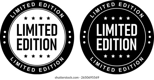 emblemas redondos de edição limitada em preto e branco com estrelas usadas para etiquetas exclusivas do produto