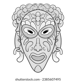 Black and white line african ethnic tribal ritual masks of different shape isolated on white background vector illustration.
