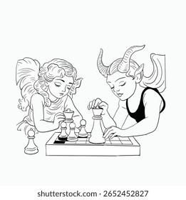 linha preta e branca. Anjos e Demônios Xadrez Match. Ilustração de estilo de desenho animado