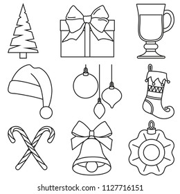 Black and white line art 9 christmas elements. New year holiday decorations. Xmas themed vector illustration for icon, logo, sticker, patch, label, sign, badge, certificate or gift card decoration
