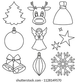 Black and white line art 9 Xmas elements. New year holiday decorations. Christmas themed vector illustration for icon, logo, sticker, patch, label, sign, badge, certificate or gift card decoration
