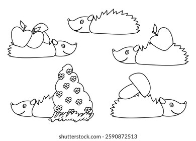 Black and white line art of adorable hedgehogs carrying apples, mushrooms, and flowers, perfect for kids coloring activities.