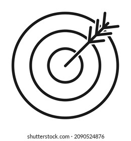 Black and white line art arrow hitting a target icon. Precise targeting marketing concept. Vector illustration for leaflet, web site or application