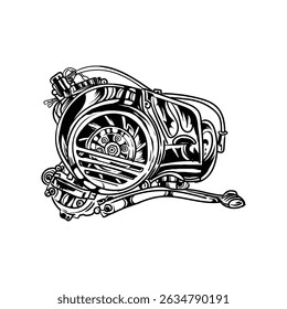 BLACK AND WHITE LINE ART OF A AUTOMATIC MOTORCYCLE ENGINE