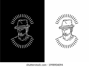 Black and white line art of beard man wearing hat badge design