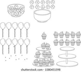 black and white line art birthday coloring set depicting balloons, birthday cupcakes and ice cubes