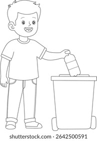 Black and white line art of a boy putting a plastic bottle into a trash can, ideal for coloring books or environmental education