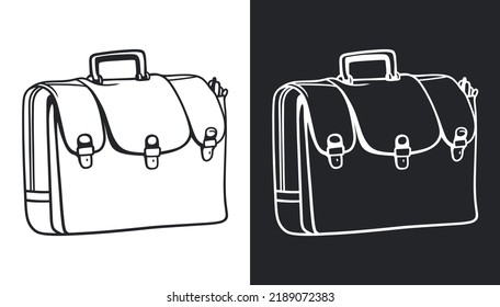 Black and white line art of a briefcase with a handle and a clasp. Vector illustration