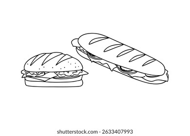 Black And White Line Art Of Burger And Sandwich Illustrations