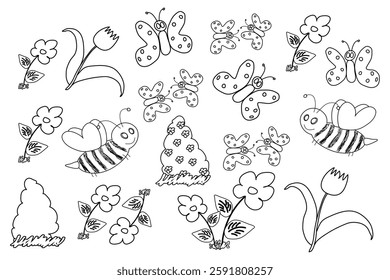 Black and white line art of butterflies, bees, flowers, and plants, perfect for kids' coloring activities and printable fun.