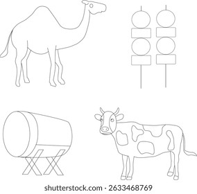 Black and white line art of camel, cow, drum, and satay skewers for Eid al-Adha Islamic celebration and coloring book for kids