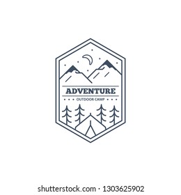 Black and white Line art camp badge. Mountain climbing and forest camp emblem.