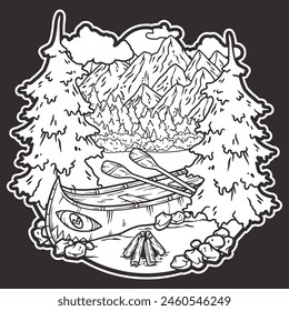 Black and white line art camping scene with campfire, pine trees, and mountains for nature-themed designs and outdoor enthusiasts.