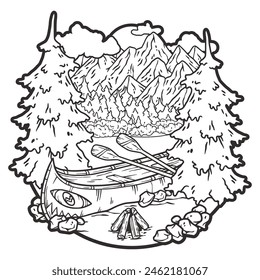 Black and white line art camping scene with campfire, pine trees, and mountains for nature-themed designs and outdoor enthusiasts.