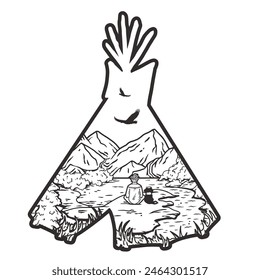 Black and white line art camping mountain landscape outline, evoking the tranquility and beauty of nature and the joy of outdoor adventures.