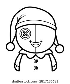 Black and white line art of a charming cartoon rag doll. Features a whimsical jester elf hat, a unique button eye with cross-stitch, and a wide, happy smile.