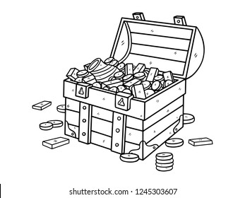 black and white line art of chest containing gold