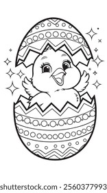 Black and white line art of a chick hatching from a patterned Easter egg with tropical elements. Perfect for coloring books and Easter designs