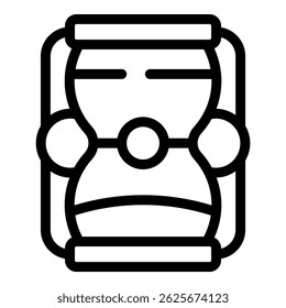 Black and white line art of a child's car safety seat, suitable for various safetythemed designs