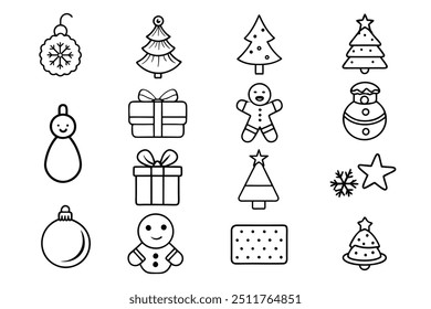 black and white line art christmas icon set. vector graphics 