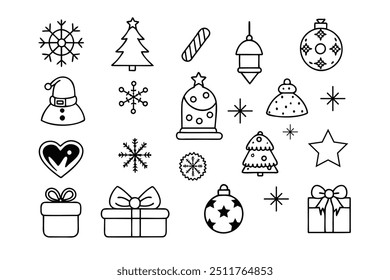 black and white line art christmas icon set. vector graphics 