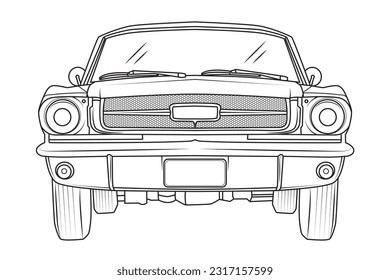 black and white line art of classic car. retro car sketch.