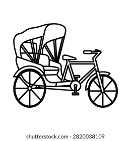 Black and white line art of a classic cycle rickshaw vehicle.