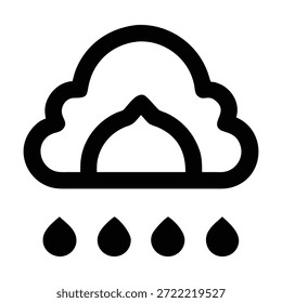 Black and white line art of a cloud releasing raindrops, a classic weather symbol.