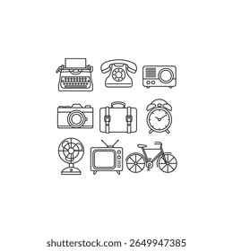 A black and white line art collection of nine vintage items: typewriter, rotary phone, old camera, suitcase, radio, fan, desk clock, tube TV, and bicycle. Perfect for retro or nostalgic themes.