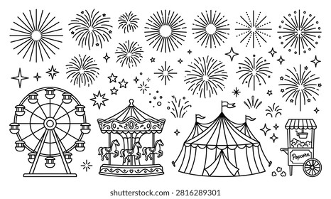A black and white line art collection featuring classic amusement park attractions: Ferris wheel, carousel, circus tent, various fireworks, and a popcorn stand. Perfect for invitations, posters, and festive designs.