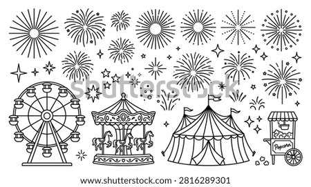 A black and white line art collection featuring classic amusement park attractions: Ferris wheel, carousel, circus tent, various fireworks, and a popcorn stand. Perfect for invitations, posters, and festive designs.