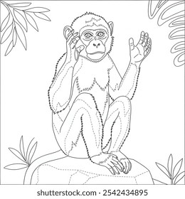 A black and white line art coloring book illustration of a monkey 